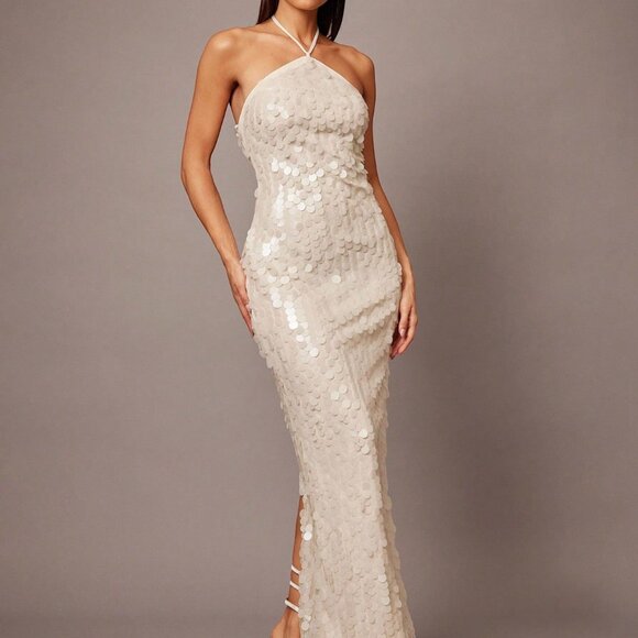 White Sequin Spaghetti Strap Women's Cocktail Dress - Picture 7 of 7